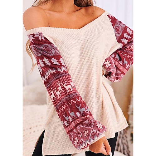 

Women's Ugly Christmas Sweater Pullover Sweater Jumper Ribbed Knit Knitted Elk V Neck Stylish Casual Outdoor Christmas Winter Fall Blue Purple S M L / Long Sleeve / Weekend / Holiday / Regular Fit