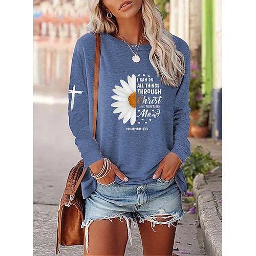 

Women's T shirt Tee Green Blue Khaki Daisy Text Print Long Sleeve Holiday Weekend Basic Round Neck Regular Floral Painting S