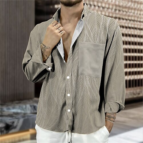 

Men's Shirt Leaves Turndown Khaki 3D Print Outdoor Street Long Sleeve Button-Down Print Clothing Apparel Fashion Designer Casual Breathable