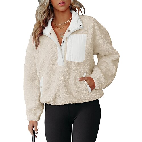 

Women's Sweatshirt Pullover Sherpa Fleece Teddy Front Pocket Light Yellow Wine Red Black Solid Color Street V Neck Long Sleeve Fleece S M L XL XXL