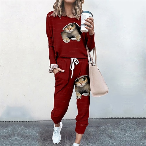 

Women's Plus Size Loungewear Sets Nighty Animal Cat Fashion Sport Comfort Home Street Airport Polyester Breathable Crew Neck Long Sleeve T shirt Tee Pant Fall Spring Blue Pink