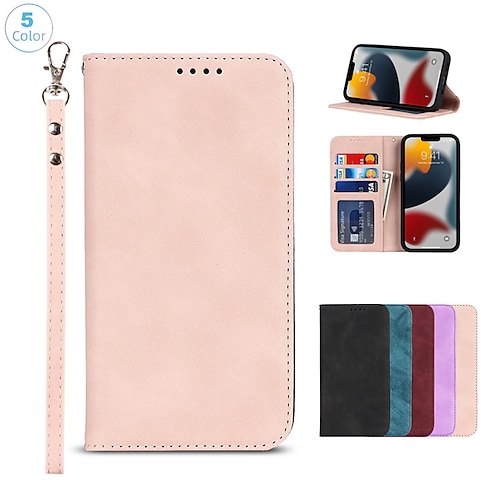 

Phone Case For Apple Wallet Card iPhone 13 Pro Max 12 11 SE 2022 X XR XS Max 8 7 with Wrist Strap Card Holder Slots Kickstand Solid Colored TPU PU Leather