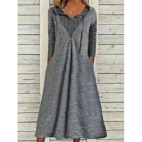

Women's Casual Dress Hoodie Dress Midi Dress Dark Gray 3/4 Length Sleeve Pure Color Ruched Zipper Fall Winter Hooded Stylish Casual 2022 S M L XL XXL 3XL