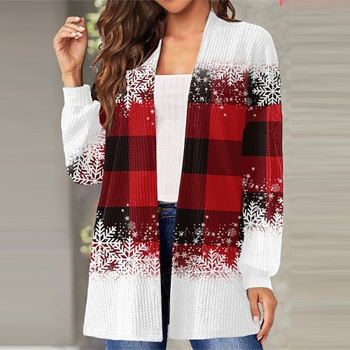 

Women's Casual Jacket Warm Breathable Outdoor Christmas Vacation Going out Print Cardigan V Neck Comfortable Street Style Christmas Plaid Regular Fit Outerwear Long Sleeve Winter Fall Wine Red S M L