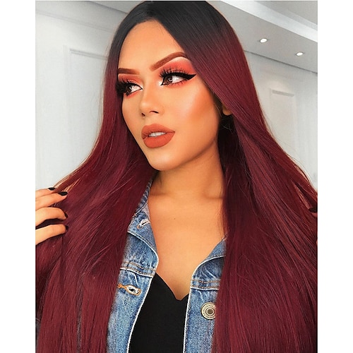 

Natural Long Straight Wigs Ombre Wine Red Burgundy Wigs for Women Natural Hairline Middle Part Long Synthetic Hair Full Wig for Daily Use ChristmasPartyWigs