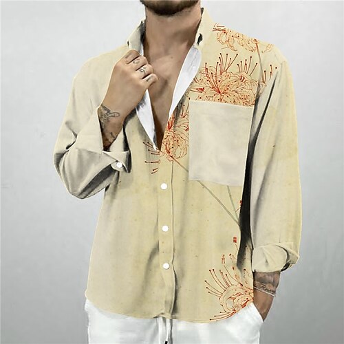 

Men's Shirt Floral Turndown Beige 3D Print Outdoor Street Long Sleeve Button-Down Print Clothing Apparel Designer Casual Breathable