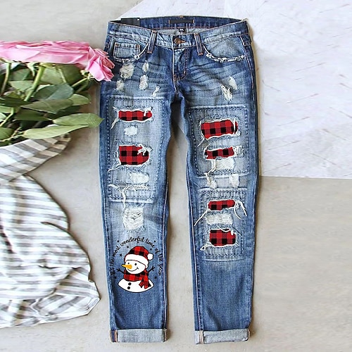 

Women's Christmas Pants Trousers Jeans Distressed Jeans Denim Random Pattern Blue Fashion Casual Street Casual Baggy Ripped Micro-elastic Full Length Comfort Plaid S M L XL XXL
