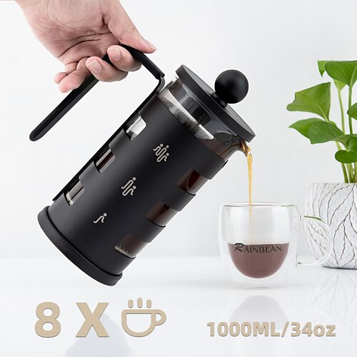 

Stainless Steel Cafetiere 8 Cup RAINBEAN French Press Coffee Maker Easy Cleaning Cafeteria Double Walled Heat Resistant Borosilicate Glass Coffee Caffettiera 1000ml /34 oz Black