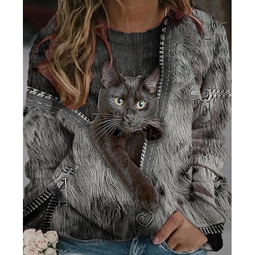 

Women's Plus Size Tops Pullover Sweatshirt Cat Print Long Sleeve Round Neck Casual Holiday Daily Vacation Polyester Winter Fall Dark Gray