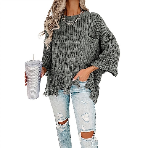 

Women's Pullover Sweater jumper Jumper Crochet Knit Pocket Knitted Pure Color Crew Neck Stylish Casual Daily Holiday Winter Fall Gray S M L / Long Sleeve / Going out / Ripped / Loose Fit