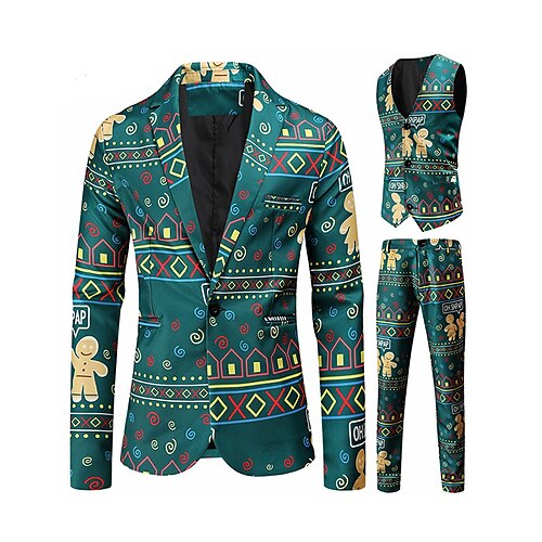 

Dark Green Men's Christmas Suits 3 Piece Patterned Standard Fit Single Breasted One-button 2022