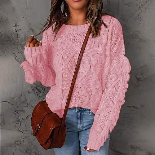 

Women's Pullover Sweater jumper Jumper Cable Knit Knitted Pure Color Crew Neck Stylish Casual Outdoor Daily Winter Fall Pink S M L / Long Sleeve / Holiday / Regular Fit / Going out