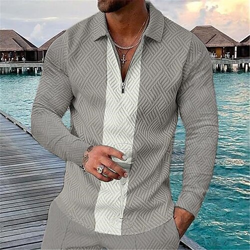 

Men's Golf Shirt Geometry Turndown Gray 3D Print Outdoor Street Long Sleeve Zipper Print Clothing Apparel Fashion Designer Casual Breathable