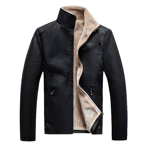 

Men's Faux Leather Jacket Daily Wear Vacation Casual Daily Zipper Lapel Comfort Zipper Front Leisure Jacket Outerwear Solid / Plain Color Zipper Pocket Fleece Wine Black / Winter