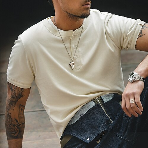 

Men's Henley Shirt Tee Solid Color Henley Army Green Navy Blue Gray White Sports WorkWear Short Sleeve Button-Down Clothing Apparel Fashion Streetwear Casual