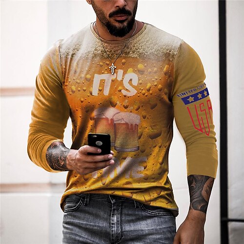 

Men's T shirt Tee Graphic Prints Beer Crew Neck Orange 3D Print Outdoor Street Long Sleeve Print Clothing Apparel Basic Vintage Sports Designer