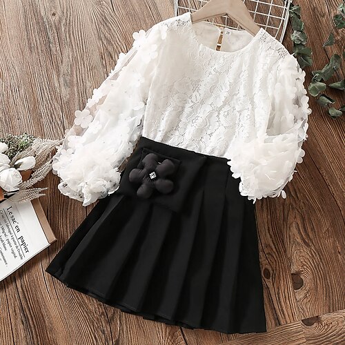 

Kids Girls' Dress Suits 2 Pieces Long Sleeve White Solid Color Lace School Cute Daily Cropped Above Knee 7-13 Years