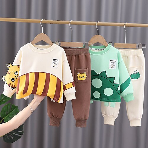 

2 Pieces Toddler Boys Sweatshirt & Pants Outfit Cartoon Dinosaur Tiger Long Sleeve Cotton Set Outdoor Fashion Daily Winter Fall 3-7 Years Green Beige
