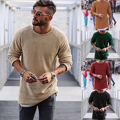 

Men's Sweater Pullover Knit Regular Solid Colored Crew Neck Sweaters Daily Clothing Apparel Raglan Sleeves Winter Green Light Brown M L XL / Long Sleeve / Long Sleeve