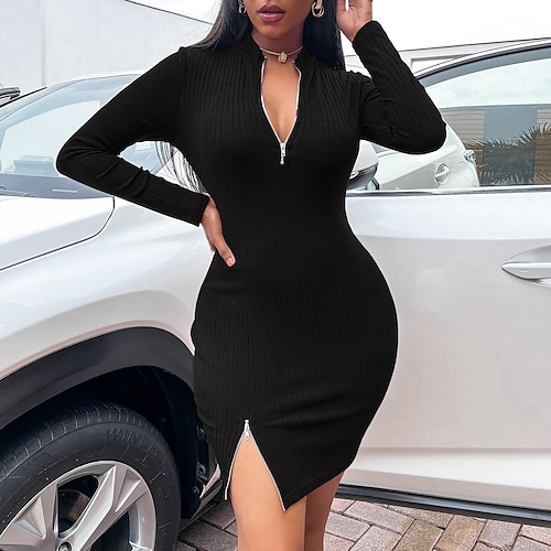 

Women's Bodycon Black Wine Khaki Long Sleeve Pure Color Zipper Winter Fall V Neck Hot Winter Dress Fall Dress Slim 2022 S M L XL