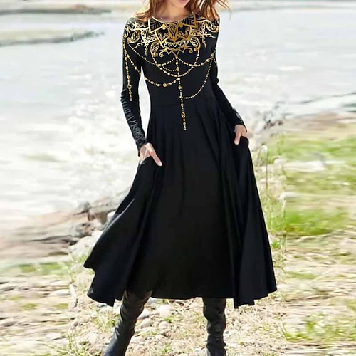 

Women's Casual Dress Swing Dress Midi Dress Black Long Sleeve Floral Pocket Print Winter Fall Vacation Casual Fall Dress 2022 S M L XL XXL 3XL / Winter Dress