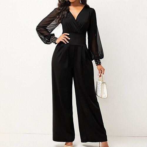 

Women's Jumpsuit High Waist Solid Color V Neck Streetwear Street Daily Straight Regular Fit Long Sleeve Black S M L Winter