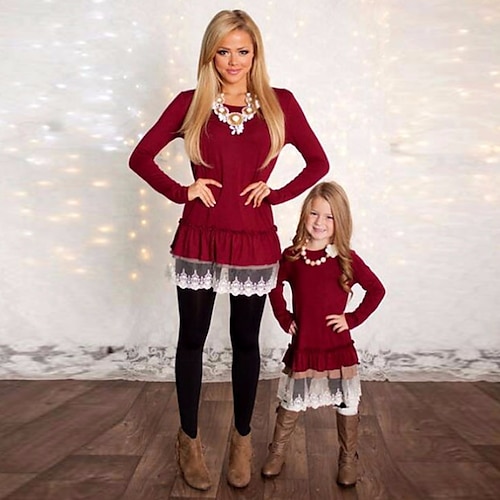 

Mommy and Me Dresses Solid Color Floral Causal Red Long Sleeve Mini Basic Matching Outfits