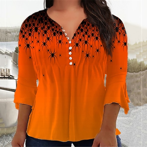 

Women's Plus Size Tops Blouse Shirt Spider Button Print 3/4 Length Sleeve V Neck Casual Halloween Halloween Daily Cotton Spandex Jersey Fall Winter Orange