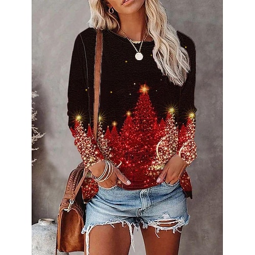 

Women's T shirt Tee Red Christmas Tree Print Long Sleeve Casual Holiday Christmas Round Neck Regular S