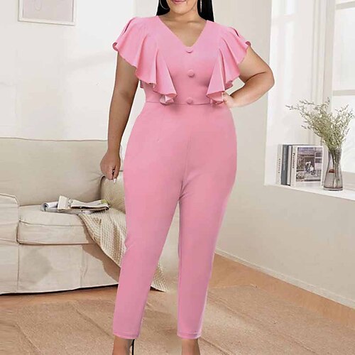 

Women's Plus Size Jumpsuit Ruffle Solid Color Basic Streetwear Formal Work High Full Length Spring Summer Pink L XL XXL 3XL 4XL / Cotton Blend