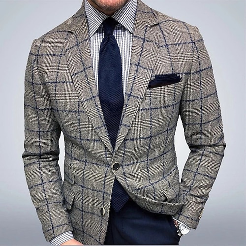 

Men's Fashion Party Blazer Regular Tailored Fit Checkered Single Breasted Two-buttons Brown Grey 2022 / Winter