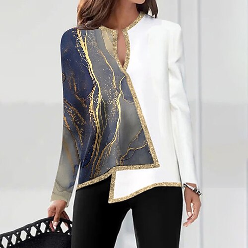 

Women's Blouse Shirt Navy Blue Graphic Color Block Asymmetric Print Long Sleeve Daily Weekend Streetwear Casual V Neck Regular S