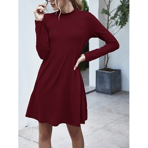 

Women's Casual Dress Shift Dress Mini Dress claret ArmyGreen Black Long Sleeve Pure Color Pocket Winter Fall Autumn Crew Neck Stylish Loose Fit 2022 S M L XL