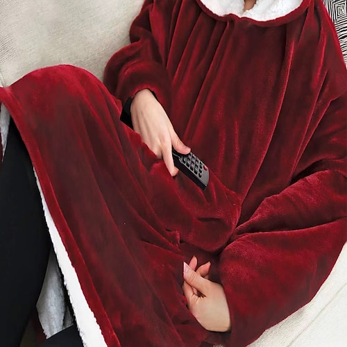

Men's Pajamas Nightgown Wearable Blanket Hoodie Blanket Pure Color Fashion Simple Plush Home Polyester Warm Breathable Hoodie Long Robe Pocket Hoodie Winter Black Red Red / Flannel