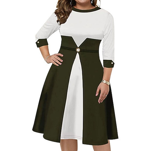 

Women's Plus Size Work Dress Color Block V Neck 3/4 Length Sleeve Winter Fall Stylish Elegant Midi Dress Work Work Dress Dress