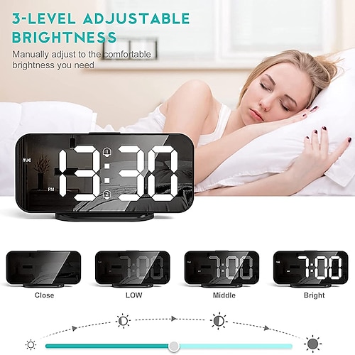 

HD Mirror Alarm Clock Digital Day Of Week Display Night Mode Unlimited Snooze Table Clock 12/24H Dual Alarm/LED Clock
