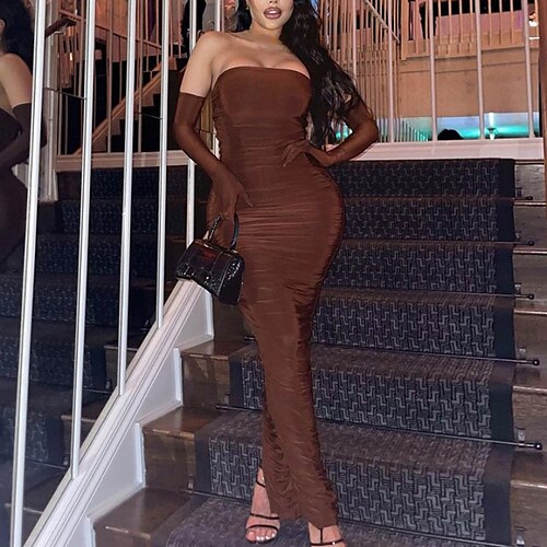 

Women's Party Dress Bodycon Sheath Dress Long Dress Maxi Dress Brown Sleeveless Pure Color Ruched Winter Fall Autumn Strapless Party Evening Party Slim 2022 S M L