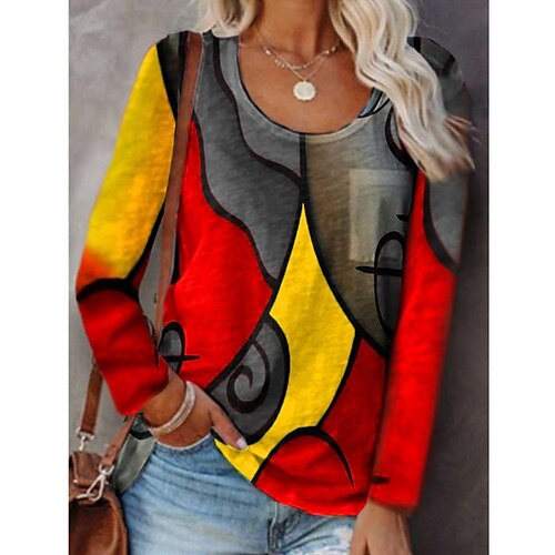 

Women's T shirt Tee Blue Purple Orange Graphic Geometric Print Long Sleeve Casual Holiday Vintage Ethnic Round Neck Regular S