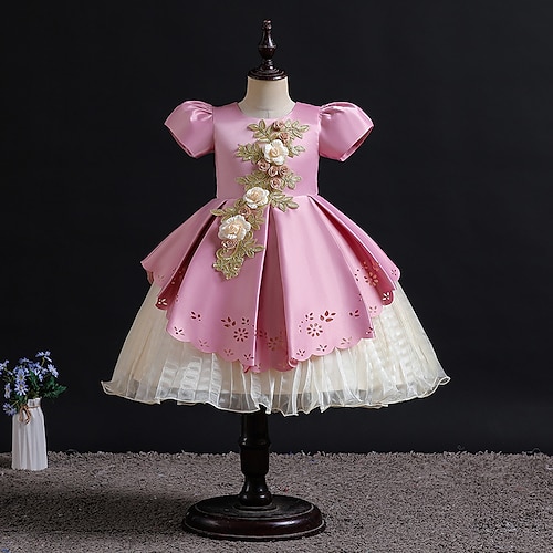 

Kids Little Girls' Dress Jacquard Solid Colored A Line Dress Party Birthday Mesh Hole Green Blue Pink Knee-length Short Sleeve Princess Sweet Dresses Fall Winter Slim 1 PC 4-13 Years