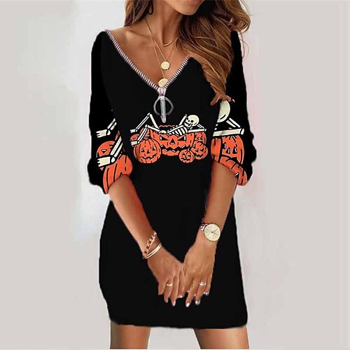 

Women's Sweatshirt Dress Shift Dress Short Mini Dress Orange Black Long Sleeve Skull Pumpkin Zipper Print Fall Winter V Neck Vacation Casual Halloween 2022 S M L XL XXL 3XL