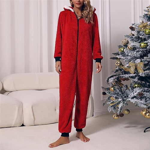

Women's Christmas Pjs Pajamas Winter Onesies Jumpsuits One Piece Pajama Pure Color Simple Comfort Soft Home Christmas Carnival Fleece Gift Hoodie Long Sleeve Winter Fall Red / Pjs / Plush