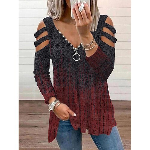 

Women's Shirt Red Graphic Flowing tunic Quarter Zip Long Sleeve Casual Basic V Neck Regular S