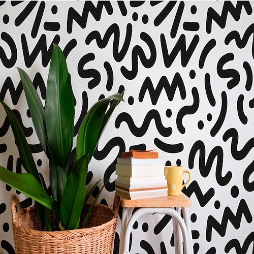 

Black and White Line Wallpaper Scandinavian Peel and Stick Wallpaper Removable Pvc/Vinyl Self Adhesive 17.7''x118''in(45cmx300cm)/ 45x300cm for Home Deco