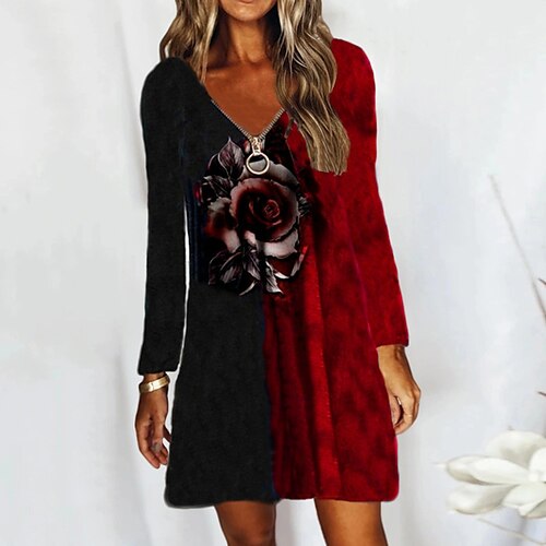 

Women's Shift Dress Green Blue Purple Long Sleeve Floral Zipper Winter Fall Autumn V Neck Fashion Winter Dress Fall Dress 2022 S M L XL 2XL 3XL