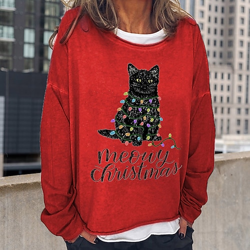 

Women's Sweatshirt Pullover Streetwear Blue Red Brown Cat Loose Fit Christmas Round Neck Long Sleeve S M L XL 2XL
