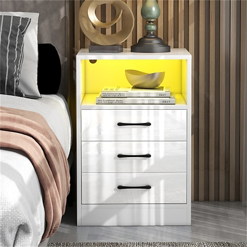 

Nightstand with 3 Drawers and CabinetUSB Charging Ports and LED Light