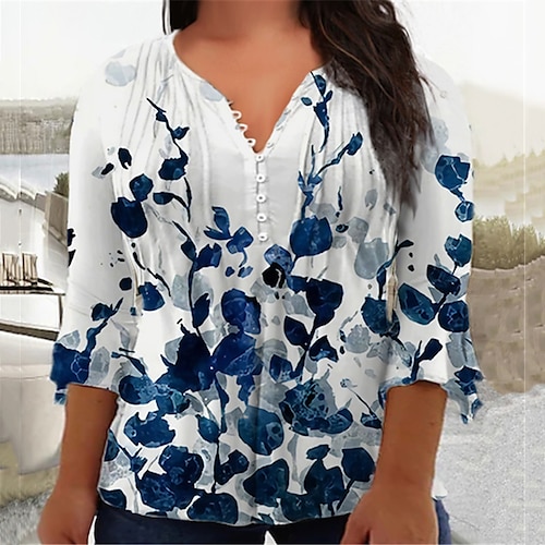 

Women's Plus Size Tops Blouse Shirt Floral Button Print 3/4 Length Sleeve V Neck Casual Daily Vacation Cotton Spandex Jersey Winter Fall Green Blue