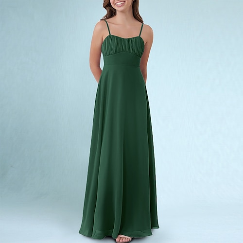 

A-Line Floor Length Spaghetti Strap Chiffon Junior Bridesmaid Dresses&Gowns With Ruching Wedding Party Dresses 4-16 Year