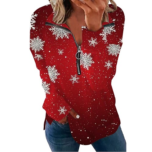 

Women's Sweatshirt Casual Christmas Zipper Red Graphic Snowflake Christmas V Neck Long Sleeve S M L XL XXL 3XL