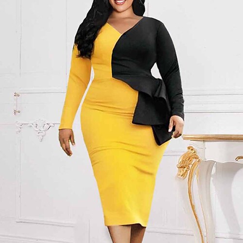 

Women's Plus Size Party Dress Color Block V Neck Long Sleeve Fall Winter Elegant Formal Midi Dress Formal Party Dress